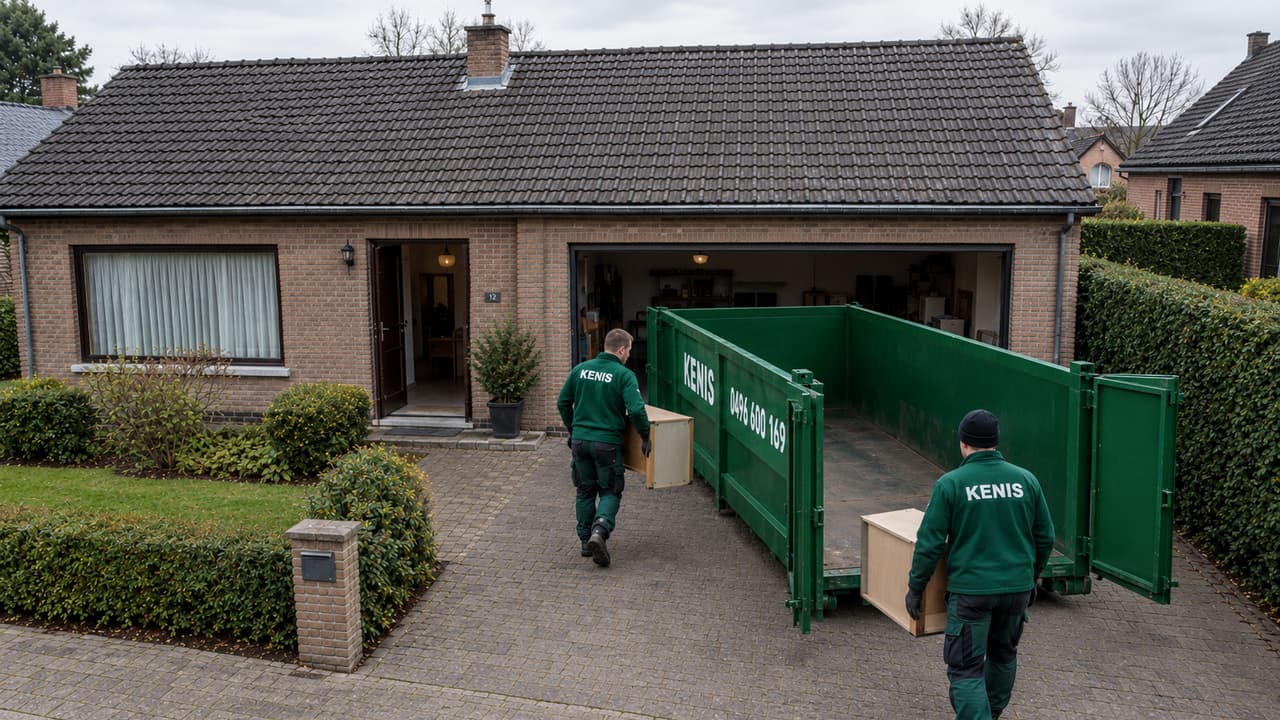 Twee werkmannen van Containerdienst Kenis dragen meubels uit een woning in een container op de oprit